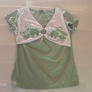 Green and White Y2K 2000’s Embroidered Top